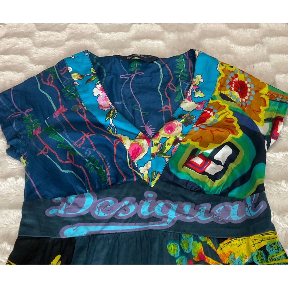 Desigual Women's Size M Japan Art Geisha Mini Dress / Tunic Tie Back Colorful - Picture 7 of 16
